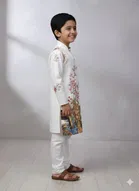 Silk Blend Printed Kurta & Payjama Set For Boys, Cream 
