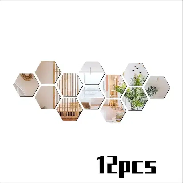 Acrylic Hexagon Shaped Wall Mirror Stickers (Silver, Pack of 12)