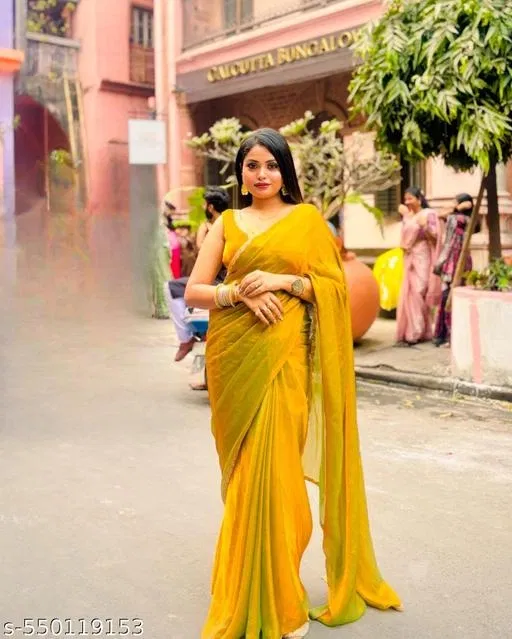 New Arrival Golden Chiffon Saree for Women (Yellow)
