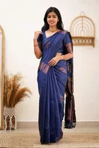 Litchi Silk Zari Woven Saree for Women, Navy Blue 