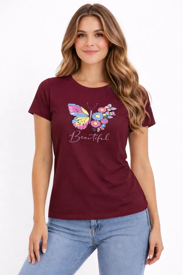 Cotton Blend Printed T-shirt for Men, Maroon (M)