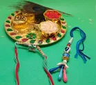 Metal 2 Pcs Rakhi with 4.5 Inch Plate & Greeting card, Roli 