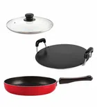 Aluminium Nonstick Round Tawa with Fry Pan & Glass Lid Set (Red, Set of 3)