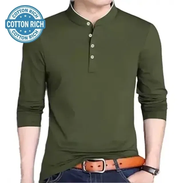 Cotton Blend Mandarin Collar Solid T-Shirt for Men (Olive, L)