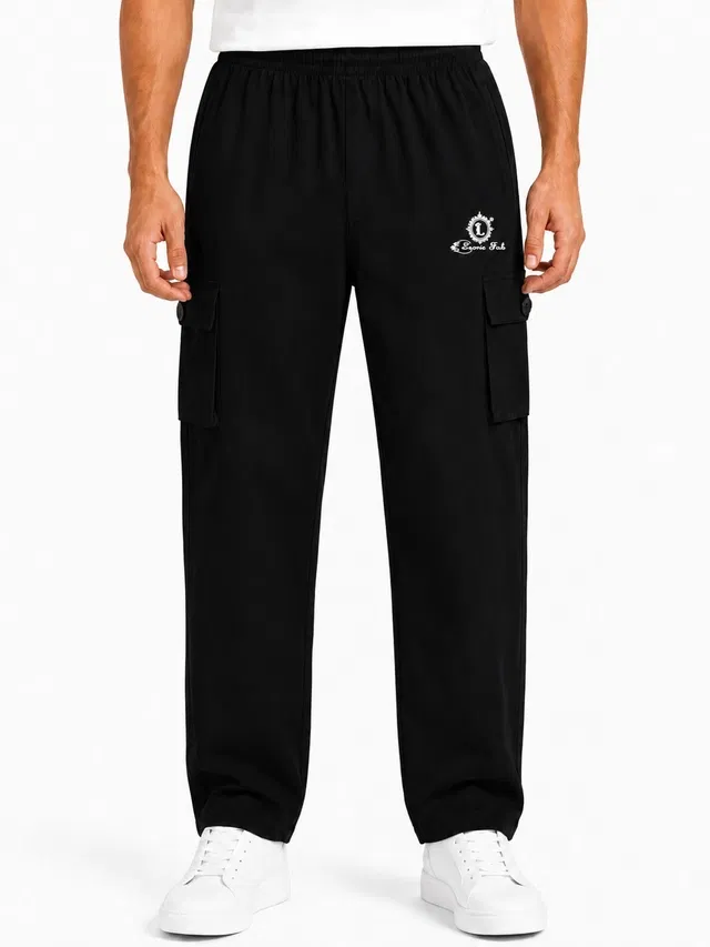 Solid Slim Fit High Rise Drawstring Polycotton Track Pants for Men (Black, XL)