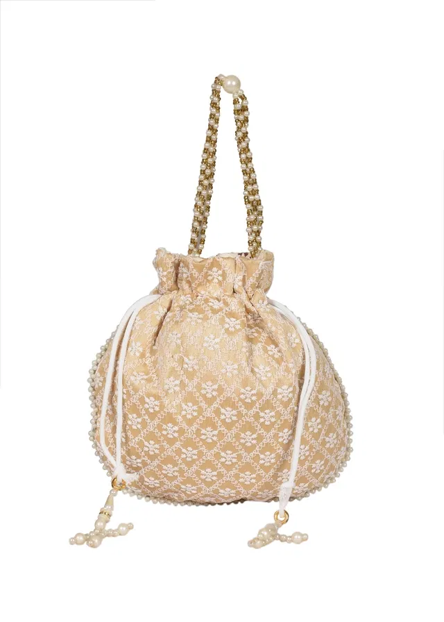 Silk Floral Ethnic Rajasthani Traditional Work Potli with Handle for Return Gifts (Beige)