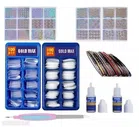 Artificial Nails (200 Pcs) with Nail Art Stickers (4 Pcs) & Glue (2 Pcs) (Transparent, Combo of 3)