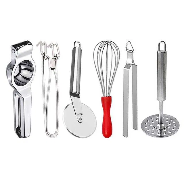 Stainless Steel Lemon Squeezer & Pakkad & Pizza Cutter & Egg Whisk & Roti Chimta & Potato Masher For Kitchen (Set of 6) (OC-053)