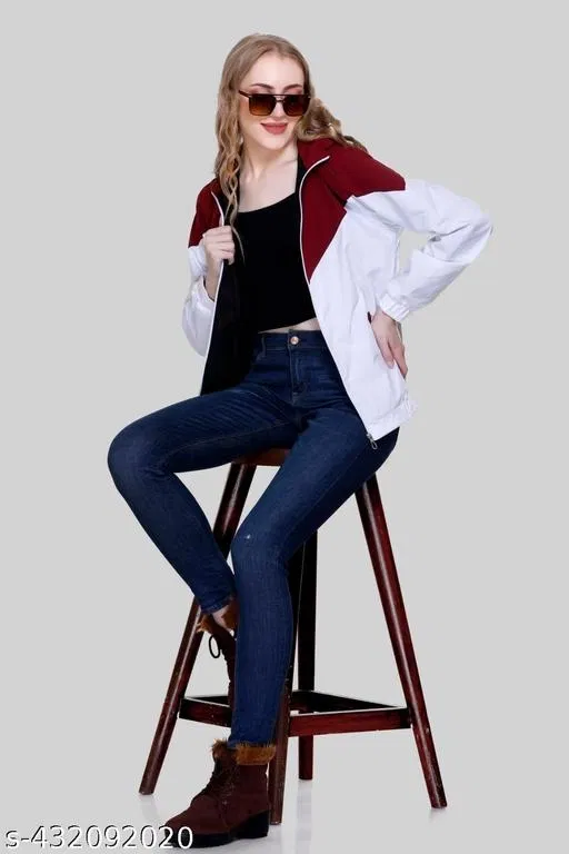 Nylon Solid Jackets for Women (Maroon & White, XL)