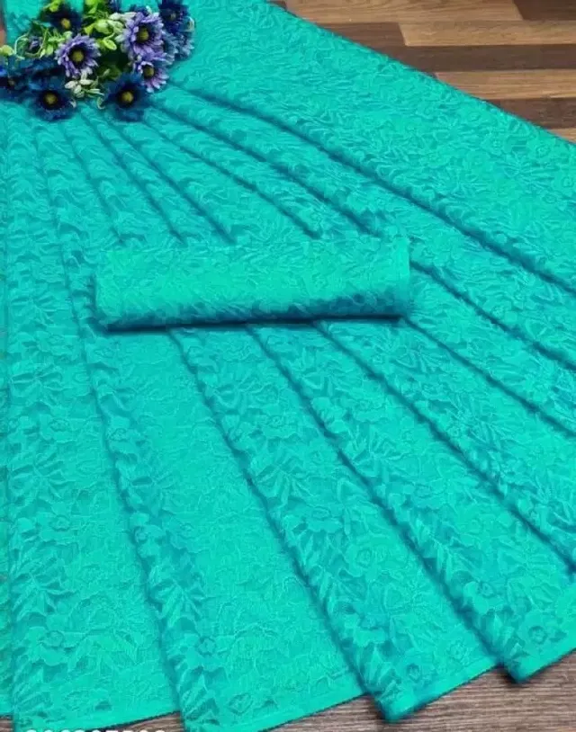 Net Floral Saree for Women (Aqua Blue, 6.3 m)