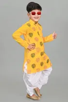 Cotton Printed Kurta with Dhoti for Boys, Yellow & White 