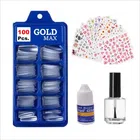 Artificial Nails (100 Pcs) with Nail Art Sticker (10 Pcs), Glue & Nail Paint (Transparent, Combo of 4)