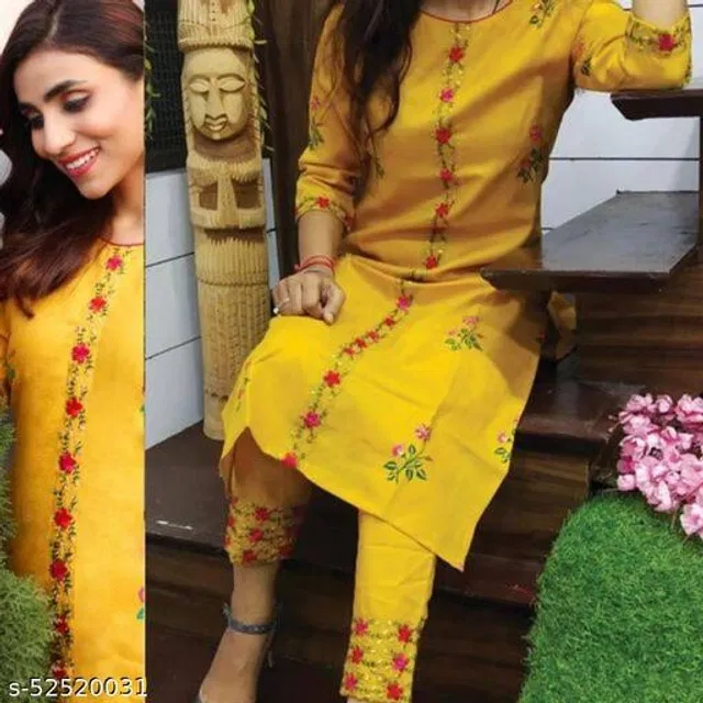 Cotton Blend Embroidered Kurta with Pant for Women (Yellow, XXXL)