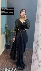Poly Georgette Embroidered Saree For Women, Black