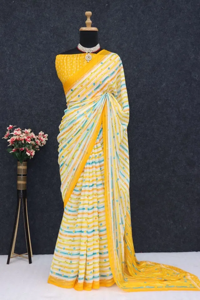 Georgette Printed Saree for Women (Yellow, 6.3 m)