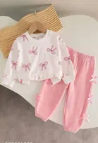 Cotton Hosiery Printed Clothing Set for Girls, White & Peach 