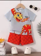 Hosiery Cotton Printed Clothing Set for Kids, Grey & Orange 