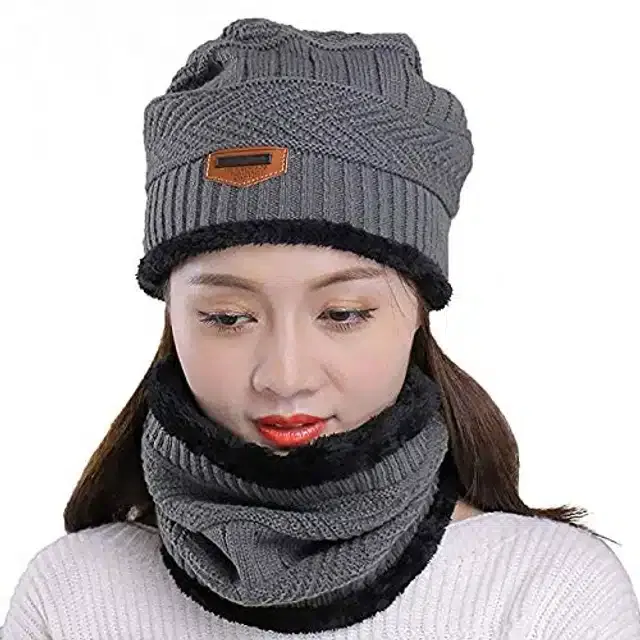 Winter Cap with Neck Warmer for Women (Grey, Set of 1)