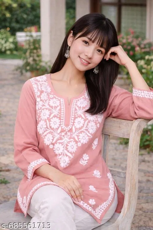 Chikankari Embroidery Short Kurti for Women (Pink, XL)