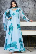 Georgette Printed Gown with Dupatta for Women (Green, S)