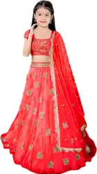 Net Embroidered Semi Stitched Lehenga for Girls 