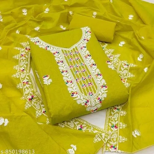 Chanderi Cotton Embroidered Unstitch Dress Material for Women (Yellow)