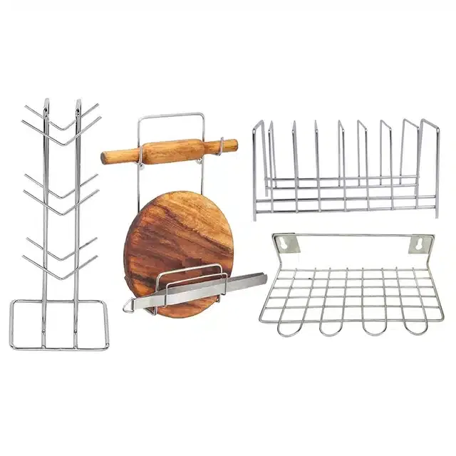 Stainless Steel Cup Stand & Plate Stand with Chakla Belan Stand & Utensil Holder (Set of 4, Silver)