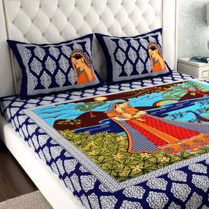 Jaipuri Cotton Double Bedsheet with 2 Pillow Covers | 80x90 Inch | traditional attire | Traditional Rajasthani Print