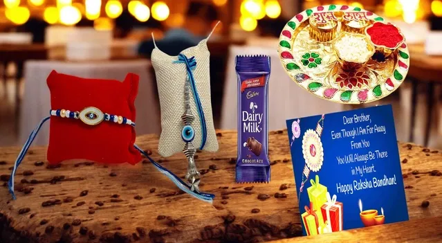 Combo of Rakhi, 4.5 inch Plate, Greeting Card, Roli Chawal & Chocolate (Multicolor, Set of 1)