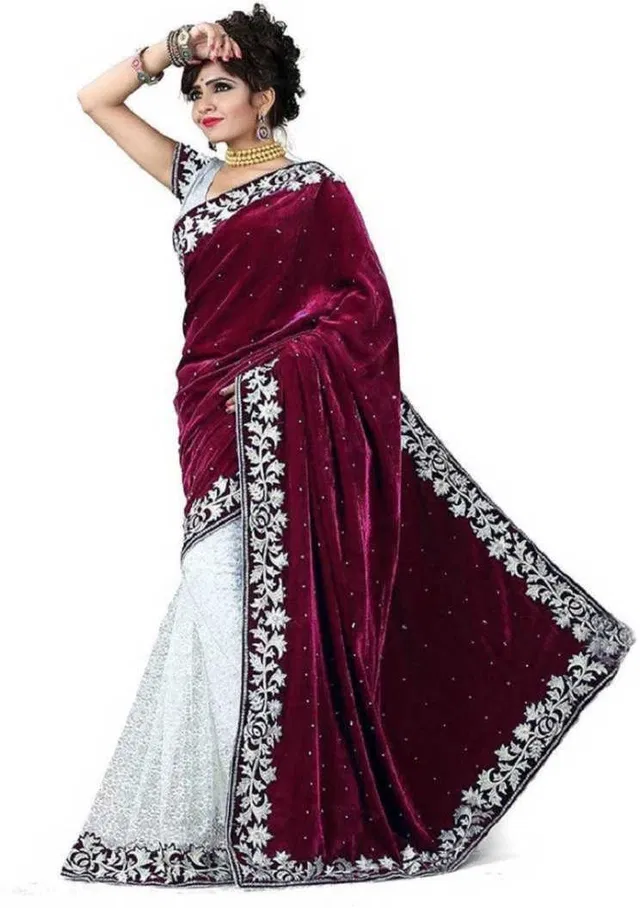 Velvet Embellished Saree for Women (Maroon & White, 6.3 m)