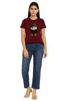 Cotton Blend Printed T-shirt for Women, Maroon 