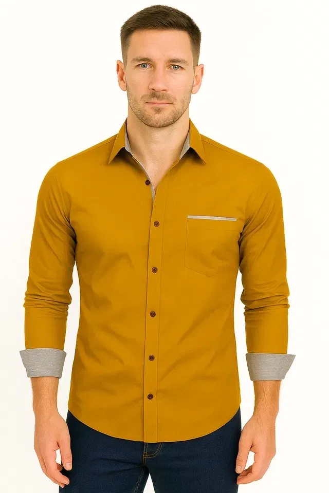 Men's Solid Full Sleeve Shirt (Yellow, S)