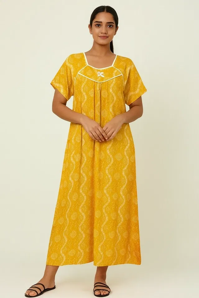 Sarina Printed Nightdress for Women (Mustard, L)