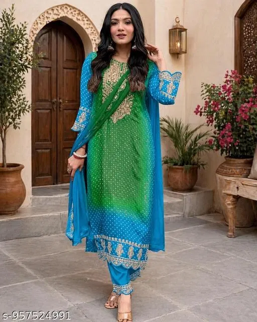 Salwar Suit With Print Embroidery and Dupatta for Women (Green, L)