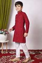 Rayon Cotton Embellished Kurta with Payjama for Boys, Maroon & White 