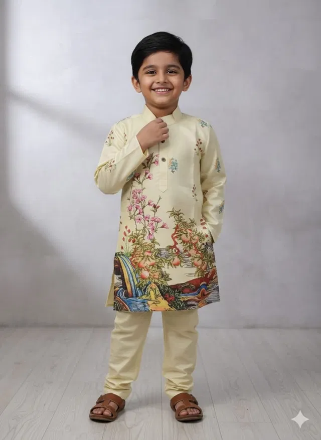 Silk Blend Printed Kurta & Payjama Set For Boys, Yellow (2 - 3 Years)
