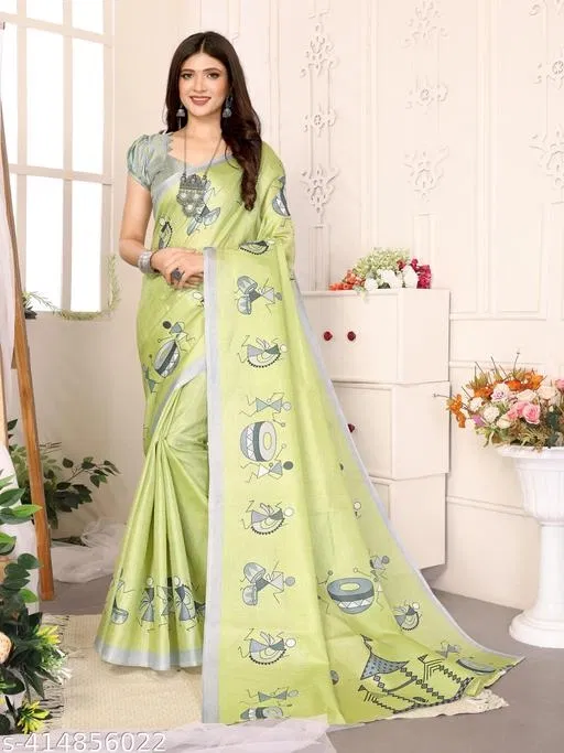 Art Silk Printed Saree for Women, Green (6.3 m)