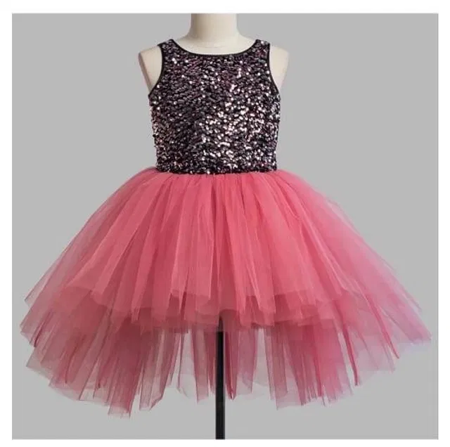 Net Solid Frock for Girls (Pink & Black, 18-24 Months)
