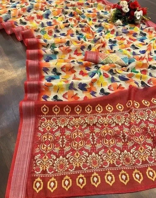 Cotton Linen Printed Saree for Women (Multicolor, 6.3 m)