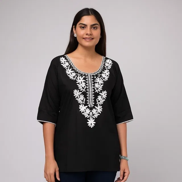 Cotton Embroidered Short Kurti for Women (Black, XL)