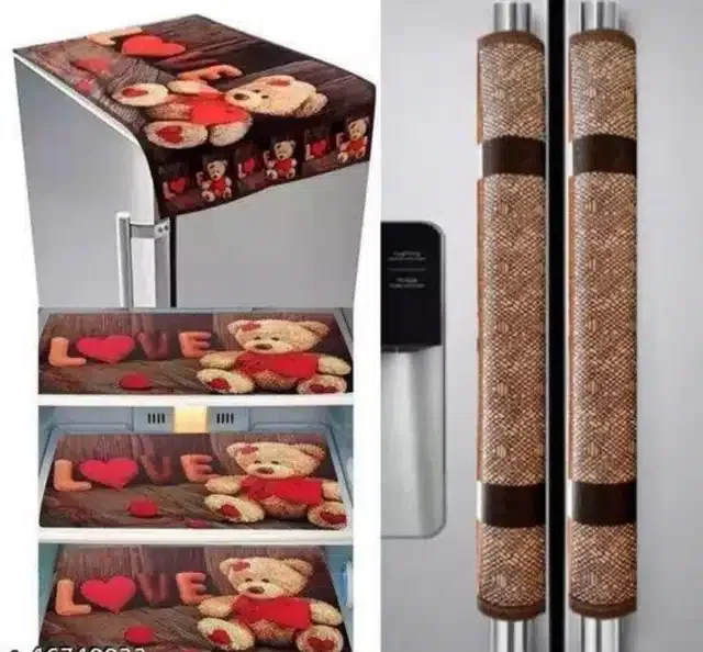 Knit Printed Fridge 3 Pcs Mat with 2 Pcs Handle & Top Cover (Multicolor, Set of 1)