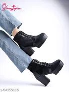 Shoetopia Solid Suede Block Boots Black 