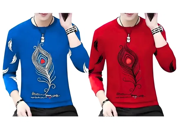 Round Neck Printed T-Shirt for Men (Red & Royal Blue, L) (Pack of 2)