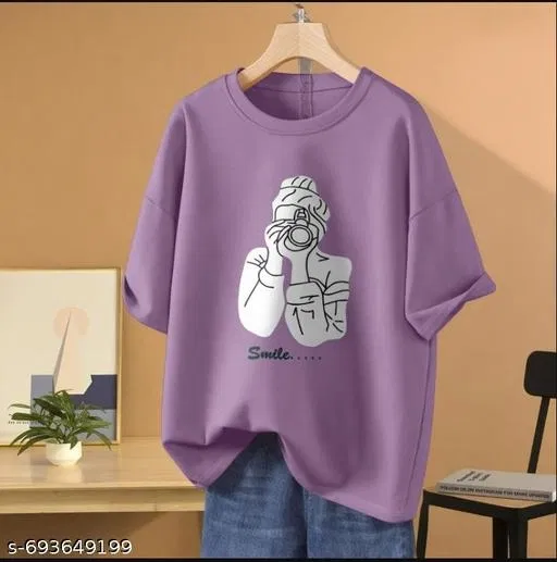 Cotton Blend Printed T-shirt for Women, Purple (XL)