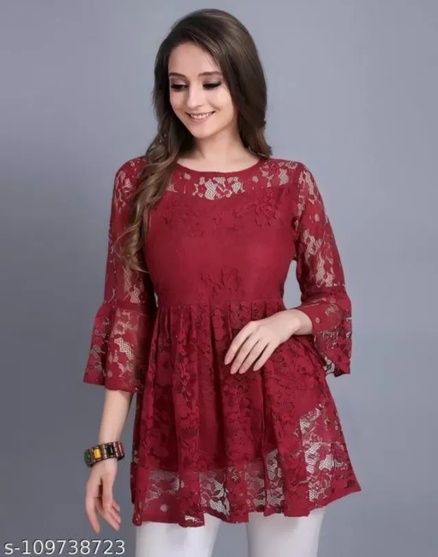 Three-Quarter Sleeves Top for Women (Maroon, XL)