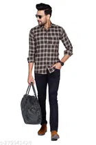Cotton Blend Checked Shirt for Men, Brown 