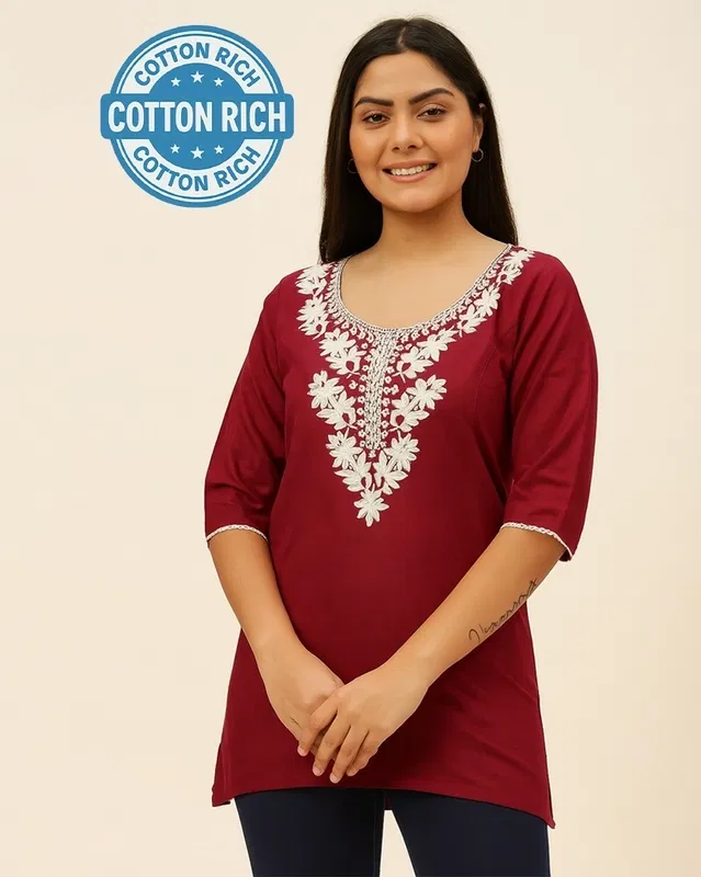 Cotton Embroidered Short Kurti for Women (Maroon, L)
