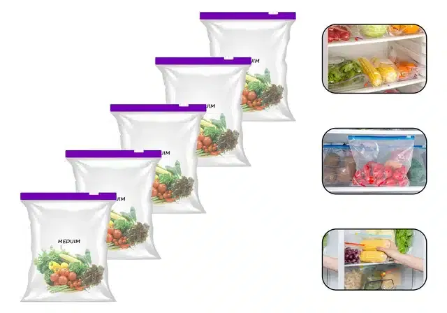 Ziplock Food Storage Pouch for Fridge (Pack of 5, 9x10 Inches) (Purple)