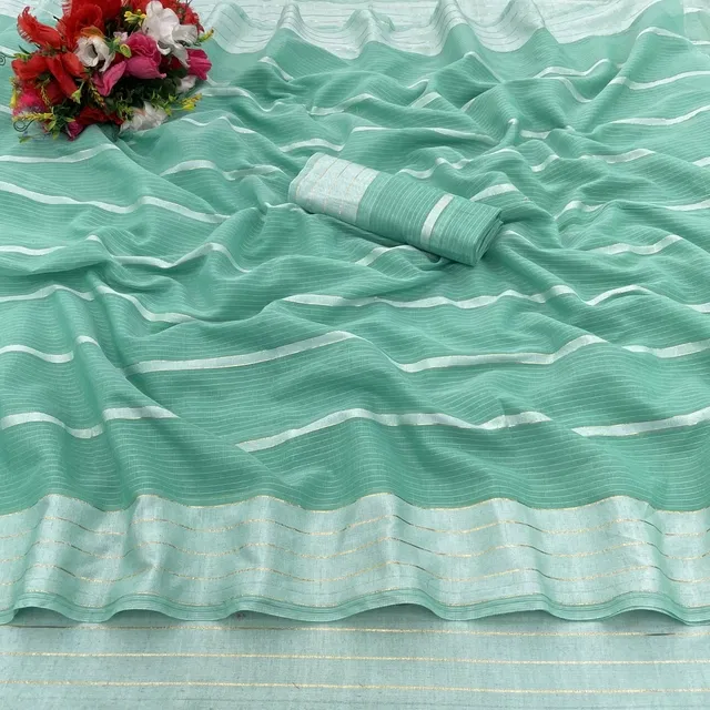 Cotton Blend Striped Saree for Women (Green, 6.3 m)