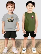 Cotton Blend Printed Clothing Set for Boys, Grey & Olive, Pack Of 2 